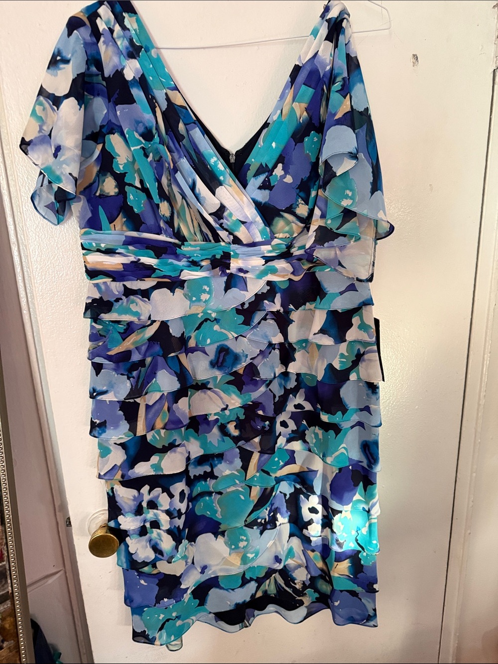 Adrianna Papell Blue Teal Floral V-Neck Ruffled Dress